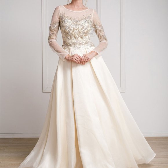 Amelia Couture Dresses & Skirts - NWT CHAMPAGNE  Bateau Neck Lace Bodice Evening Dress AC2002